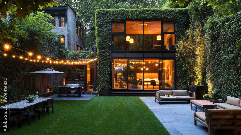 A cozy, modern backyard with string lights and lush greenery surrounds a warm-lit house, inviting outdoor gatherings and relaxation. A cozy, modern backyard with string lights and lush greenery surrounds a warm-lit house, inviting outdoor gatherings and relaxation.