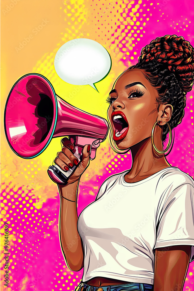 A vibrant pop art-style illustration of a confident woman with an afro hairstyle, holding a megaphone and speaking passionately, set against a colorful background.