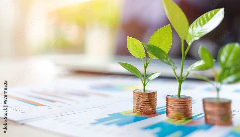 Green Shoots Growing from Stacks of Coins on Financial Charts Green Shoots Growing from Stacks of Coins on Financial Charts