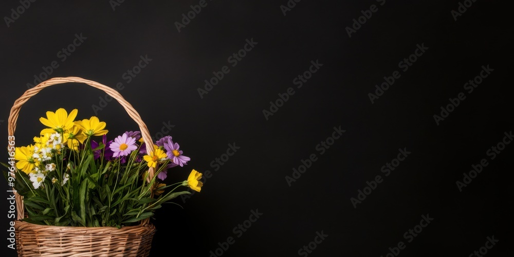 A wicker basket containing a beautiful selection of colorful spring flowers including yellow, purple, and white, placed against a simple black backdrop. A wicker basket containing a beautiful selection of colorful spring flowers including yellow, purple, and white, placed against a simple black backdrop.