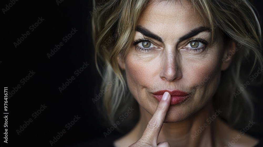 A mature woman with striking eyes holds her finger to her lips in a gesture of silence, her expression confident and serene. A mature woman with striking eyes holds her finger to her lips in a gesture of silence, her expression confident and serene.