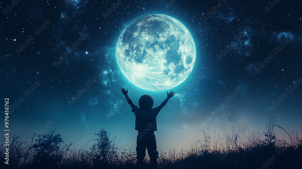 Child Reaching Out to Touch a Giant Moon Under a Starry Night Sky Child Reaching Out to Touch a Giant Moon Under a Starry Night Sky