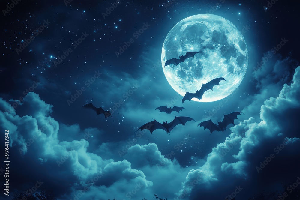 Eerie Night Sky with Full Moon and Bats Flying Through Dark Clouds