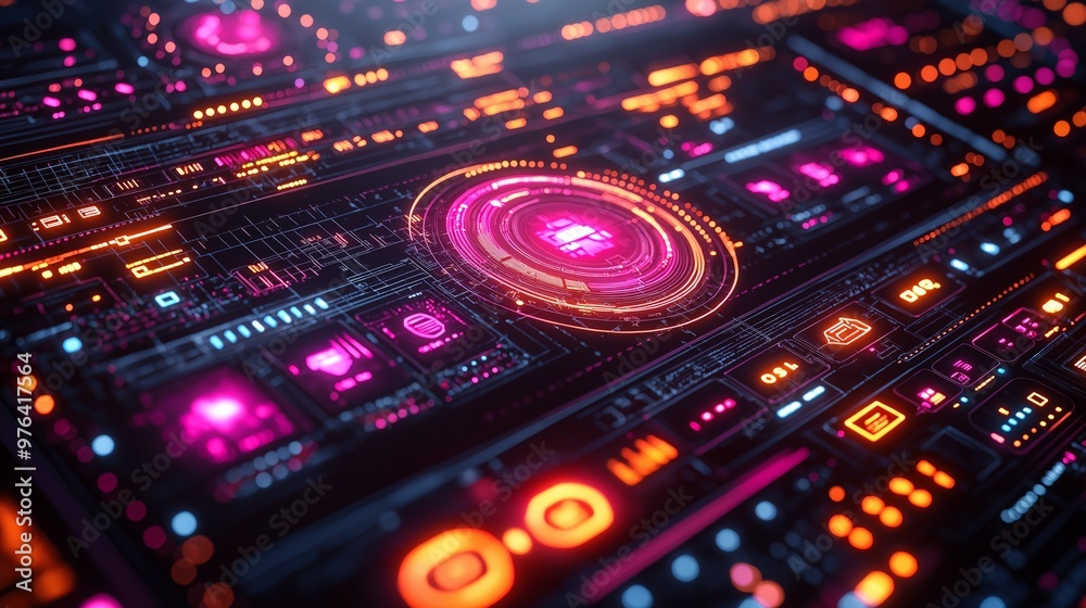 Obraz premium Vibrant tech interface featuring creative design elements, 3D visuals, digital display, futuristic layout. AI generated