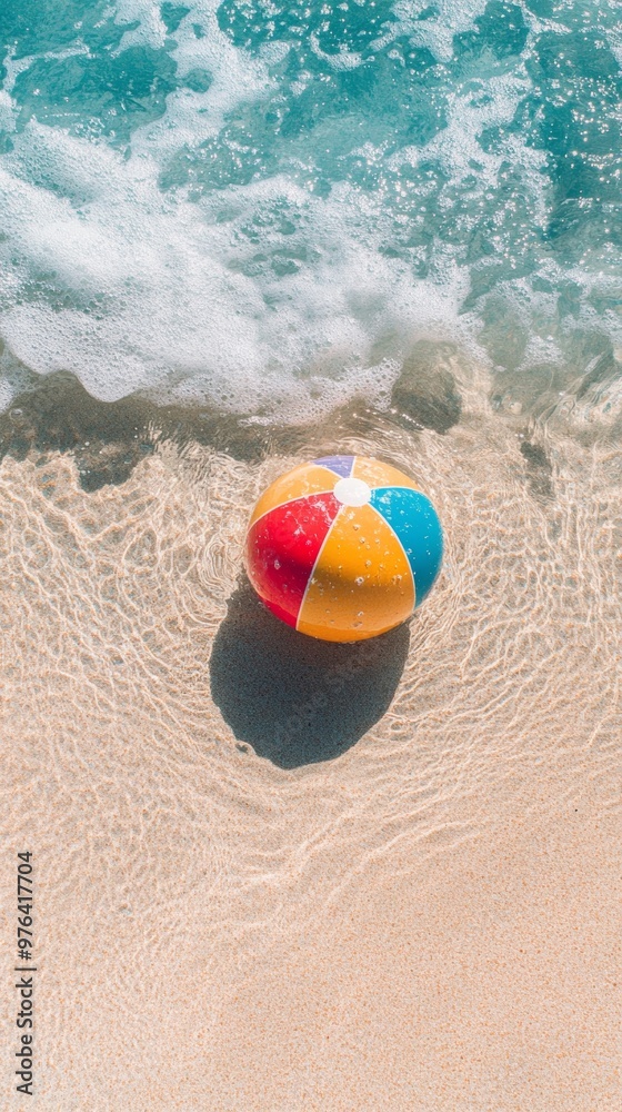 Obraz premium Colorful beach ball on sand with ocean waves, summer vacation concept