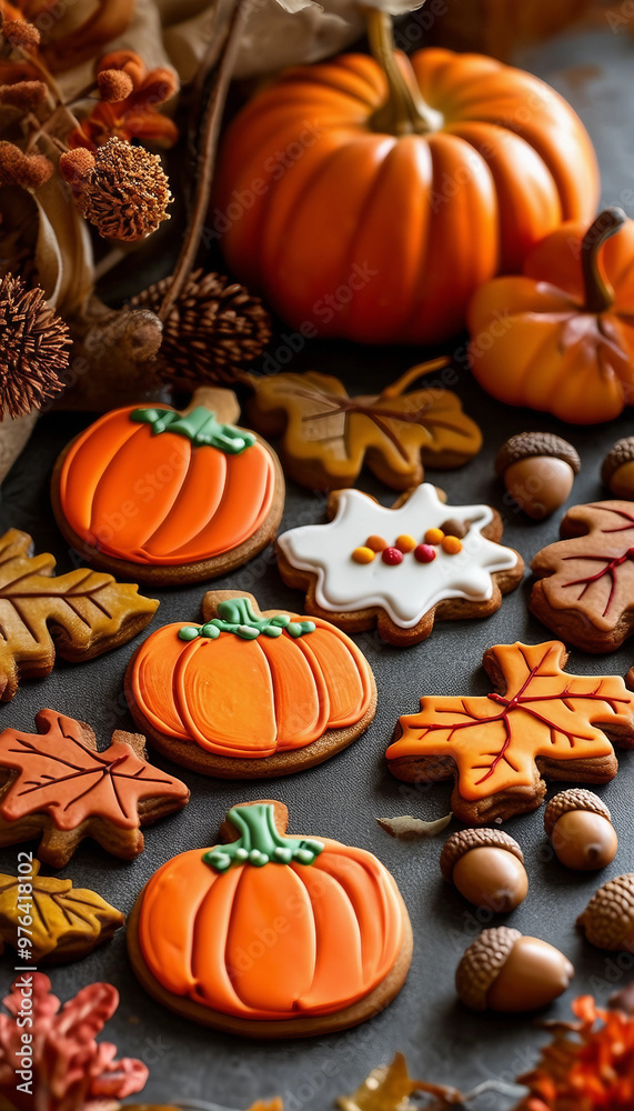 A festive display of autumn-themed cookies artistically decorated to resemble pumpkins, leaves, and acorns on a dark surface with a pumpkin and pine cones in the background.
A festive display of autumn-themed cookies artistically decorated to resemble pumpkins, leaves, and acorns on a dark surface with a pumpkin and pine cones in the background.
