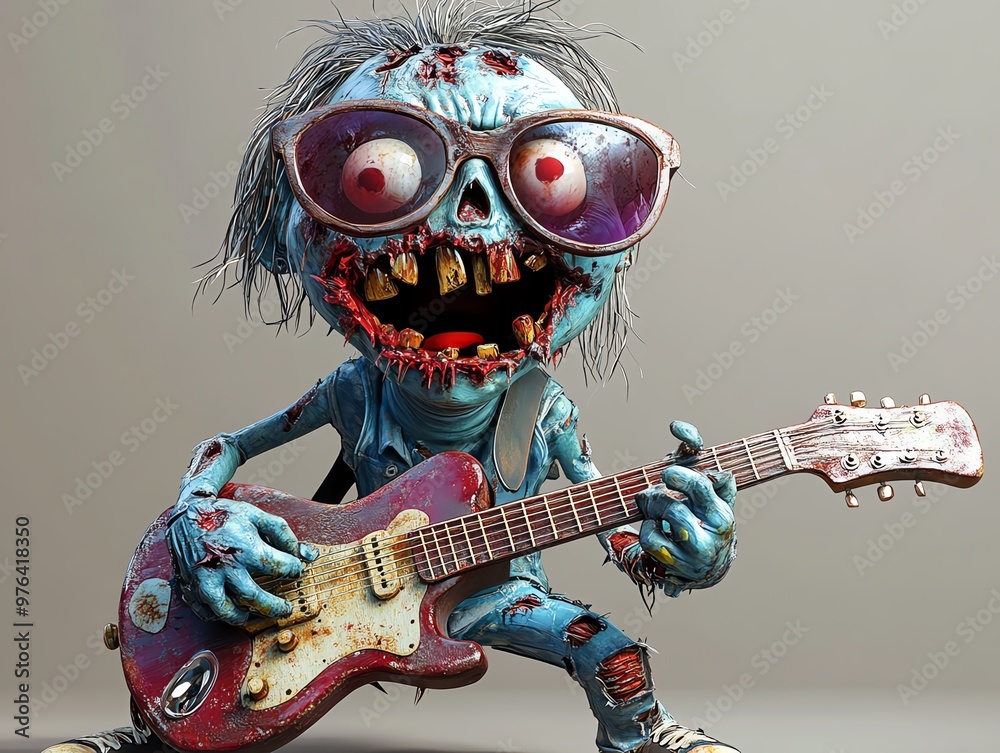 Cartoon zombie rockstar with a tattered guitar, oversized sunglasses, playful expression Cartoon zombie rockstar with a tattered guitar, oversized sunglasses, playful expression
