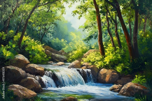 Beautiful stream painting in tropical forest - beautiful natural landscape in the forest, ai