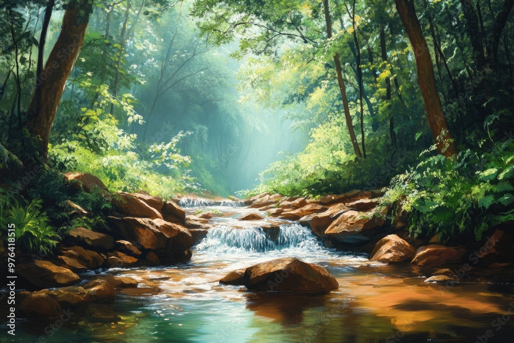 Fototapeta premium Beautiful stream painting in tropical forest - beautiful natural landscape in the forest, ai