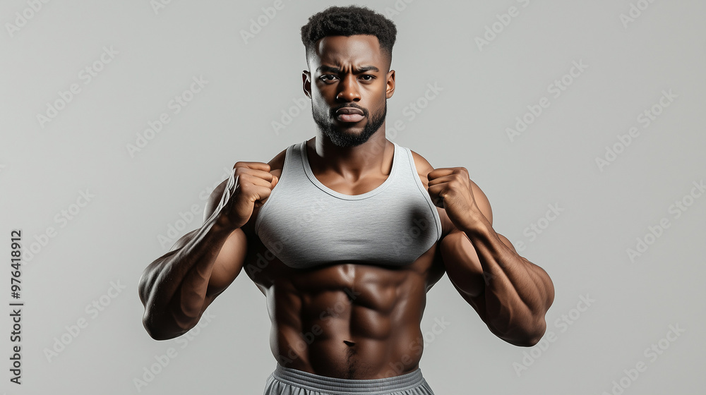 Muscular Man in Fighting Stance with Intense Gaze Muscular Man in Fighting Stance with Intense Gaze