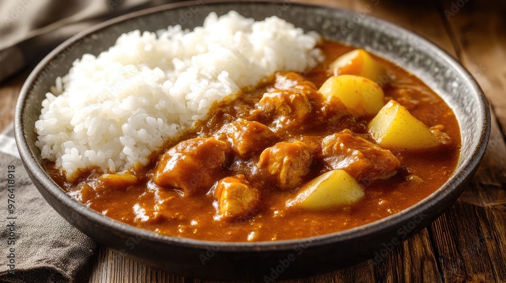 Delicious Japanese Curry with Tender Chicken and Potatoes Served with Steamed White Rice in a Rustic Bowl Delicious Japanese Curry with Tender Chicken and Potatoes Served with Steamed White Rice in a Rustic Bowl
