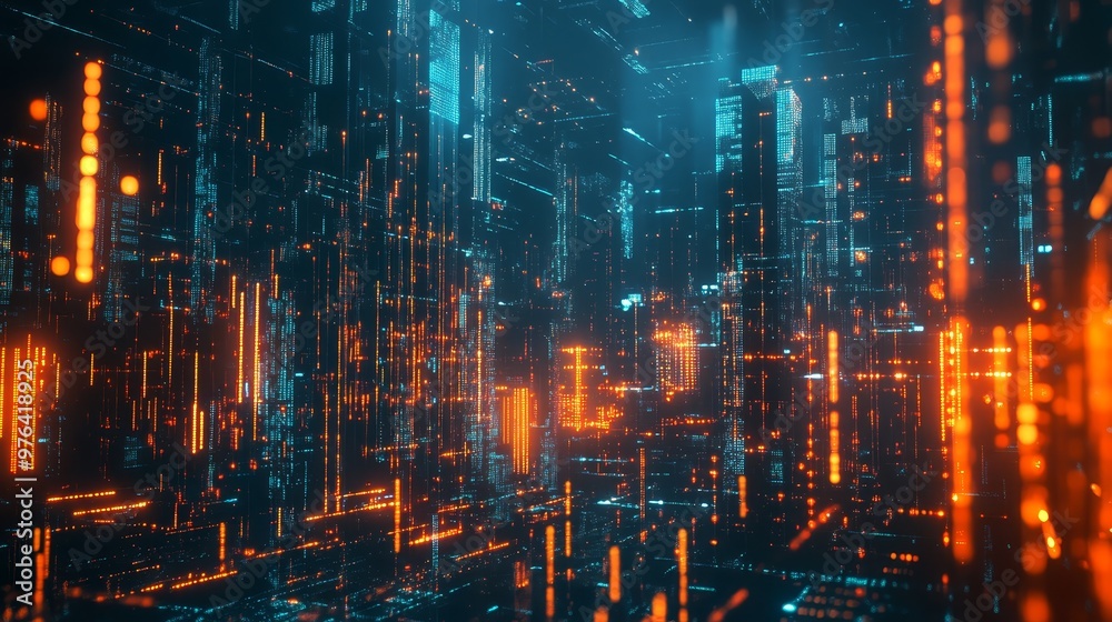 Naklejka premium Abstract Digital Cityscape with Orange and Blue Lights