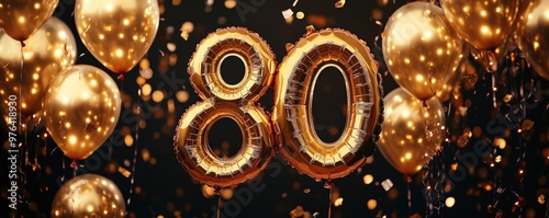 Golden 80th Birthday Celebration with Sparkling Balloons and Festive Decorations photo