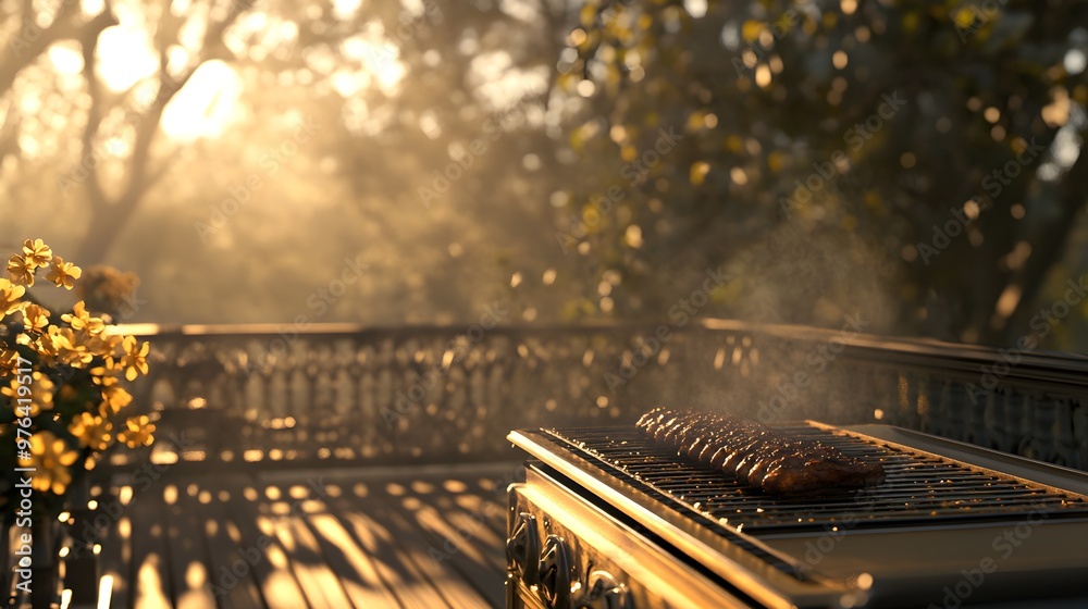 A steampunk-inspired backyard deck with an intricate, brass grill smoking ribs, surrounded by mechanical flowers and ornate, Victorian-style outdoor seating. Steampunk, Sepia, Illustration