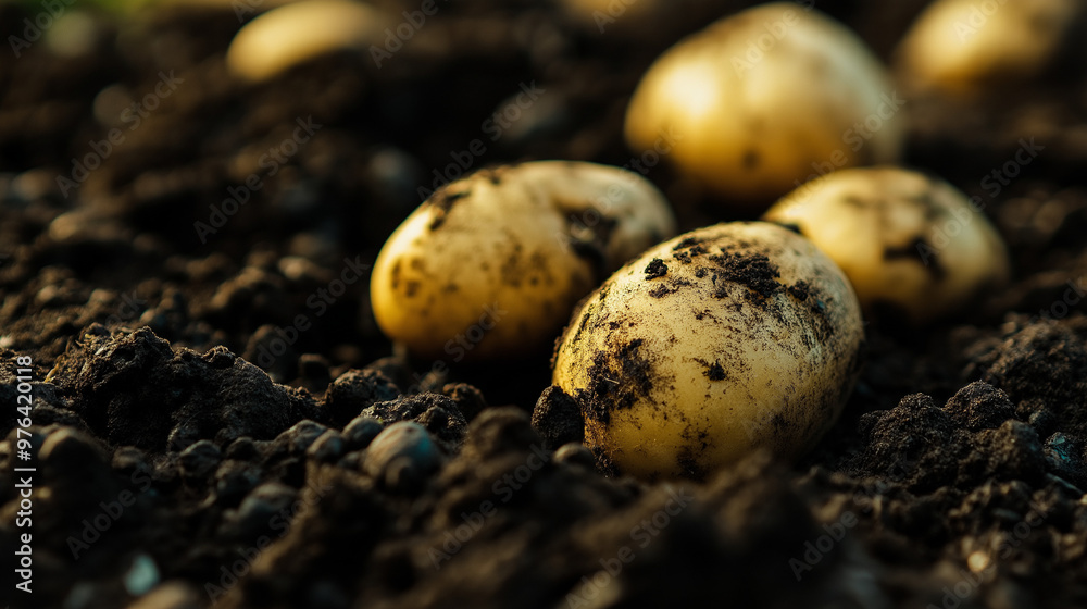 a detailed close-up of freshly dug potatoes still covered in dark, moist soil a detailed close-up of freshly dug potatoes still covered in dark, moist soil