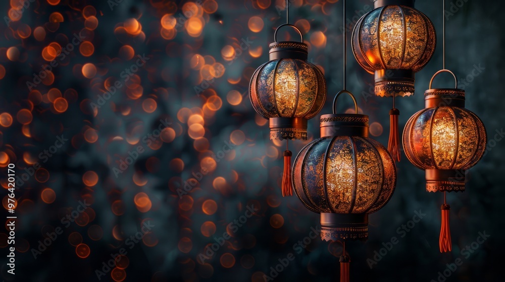 Fototapeta premium Group of three hanging lights with bulbs on a dark background with space for copying