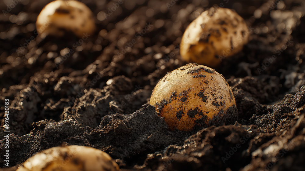 a detailed close-up of freshly dug potatoes still covered in dark, moist soil a detailed close-up of freshly dug potatoes still covered in dark, moist soil