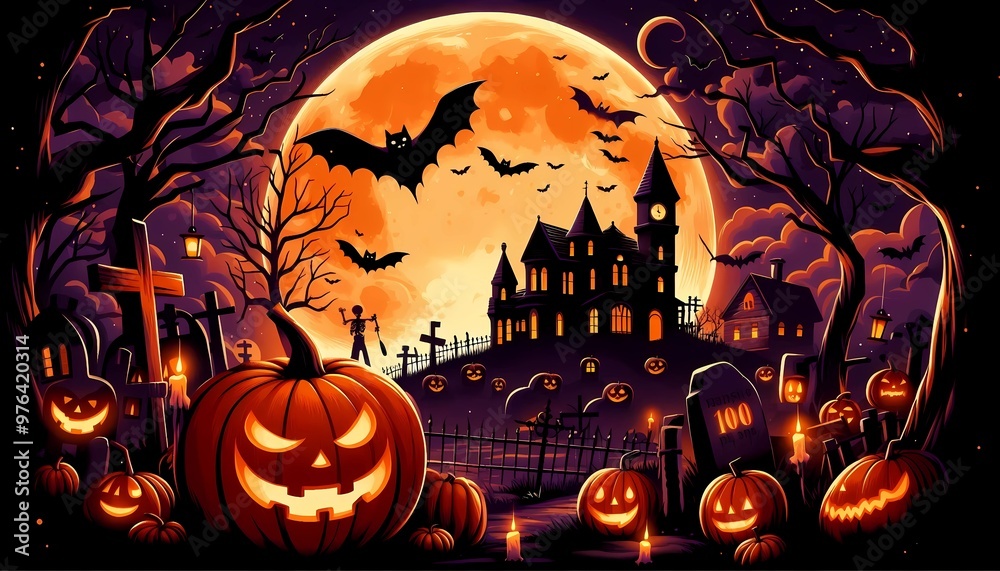 Fototapeta premium Halloween pumpkins, bats, graveyard and scary buildings against the backdrop of a big orange moon. Vector illustration. Festive flyer, poster or banner generative A.I.