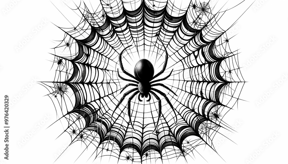 Fototapeta premium spider on web, halloween spider's web vector. black spider on white background. banner, scary poster. isolated decoration stock illustration. created with generative A.I.