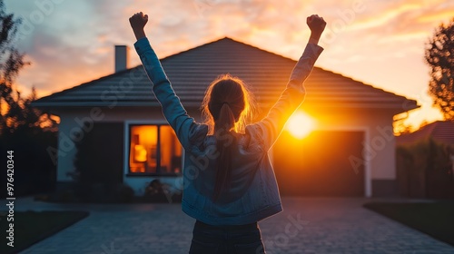 A person triumphantly holding a Loan Paid Off banner in front of a house, symbolizing the achievement of financial freedom through strategic refinancing photo