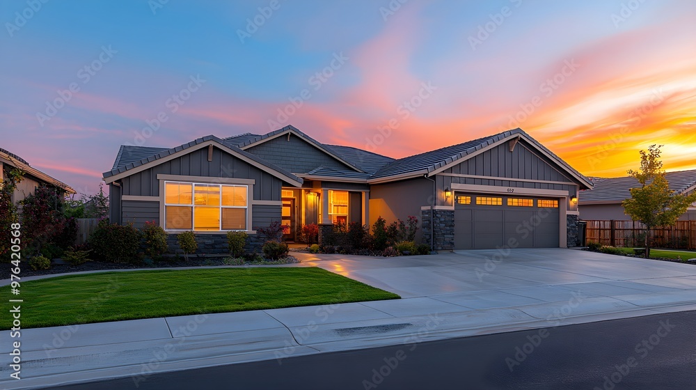 A serene suburban street at sunset, with a house in the foreground and a Refinanced for Lower Payments sign on the lawn, warm and inviting atmosphere A serene suburban street at sunset, with a house in the foreground and a Refinanced for Lower Payments sign on the lawn, warm and inviting atmosphere