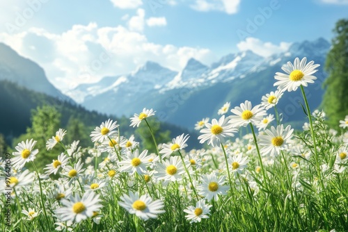 Spring camomile meadow in mountain. Nature landscape scene , ai