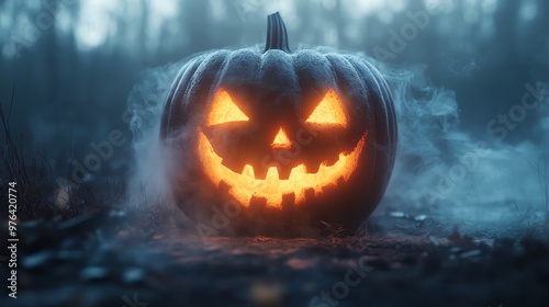 A jackolantern carved with a ghostly face, glowing with an ethereal light, mist swirling around it, Halloween spirit