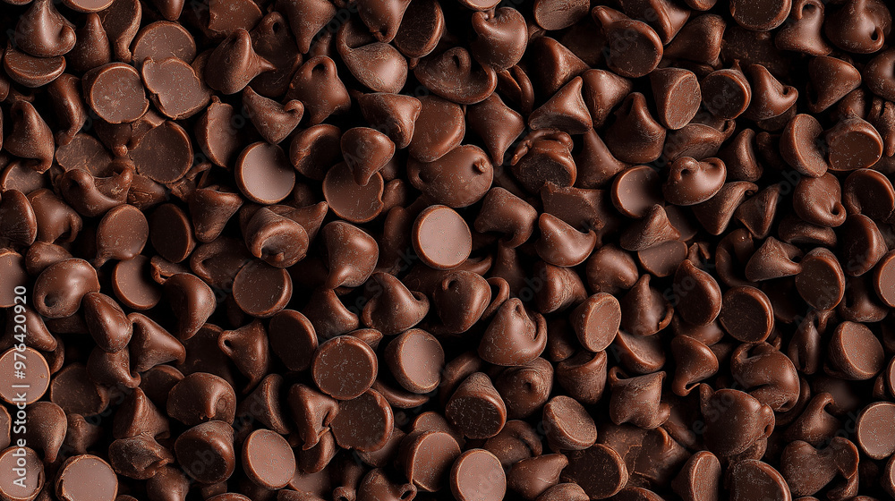 a pattern in photograph, extreme close-up, top-down view of chocolate chips, filling the entire frame with a focus on the intricate details of the food items