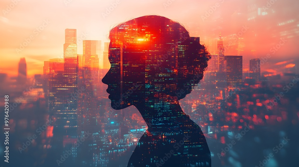 urban skyline at night, vibrant, energy, city life, nightlife, close up, focus on, copy space, bright colors, sharp contrasts, Double exposure silhouette with a person gazing urban skyline at night, vibrant, energy, city life, nightlife, close up, focus on, copy space, bright colors, sharp contrasts, Double exposure silhouette with a person gazing