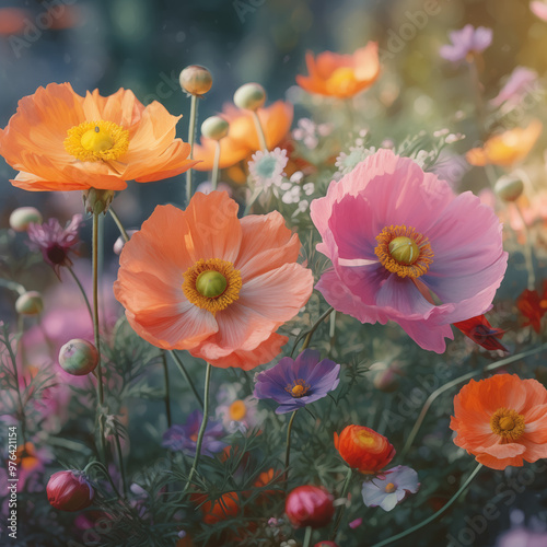 Blooming wildflowers in the morning light 