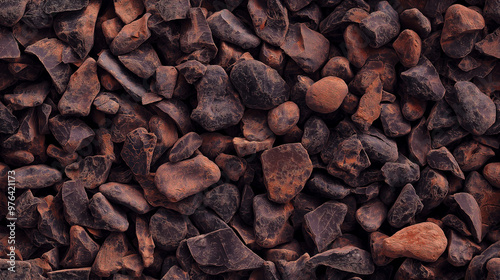 a pattern in photograph, extreme close-up, top-down view of cocoa nibs, filling the entire frame with a focus on the intricate details of the food items