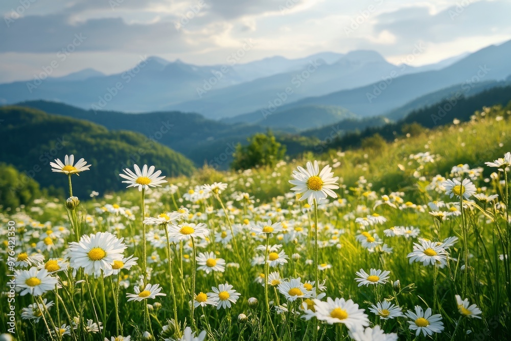 Fototapeta premium Spring camomile meadow in mountain. Nature landscape scene , ai