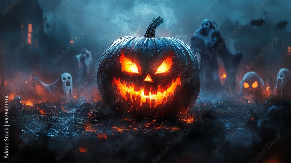 Pumpkin carved with a haunting mask, glowing softly, surrounded by ghostly figures Pumpkin carved with a haunting mask, glowing softly, surrounded by ghostly figures