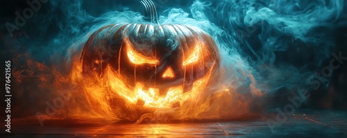 Pumpkin carved with a phantom s mask, ghostly spirits hovering around, Halloween night photo