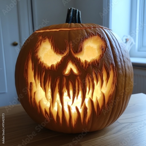 Pumpkin carved with a phantom s mask, ghostly spirits hovering around, Halloween night photo