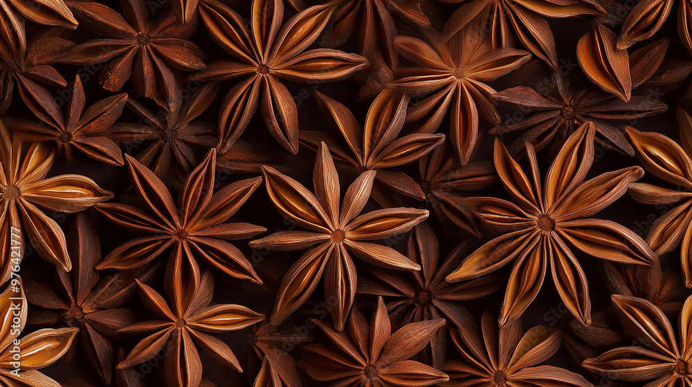 a photographic pattern of an extreme close-up, top-down view of star anise, almond slices, filling the entire frame with a focus on the intricate details a photographic pattern of an extreme close-up, top-down view of star anise, almond slices, filling the entire frame with a focus on the intricate details