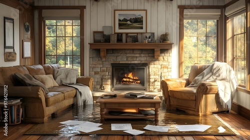 A serene living room marred by water pooling near a rustic fireplace, soaked carpets and insurance claim documents scattered on the coffee table photo