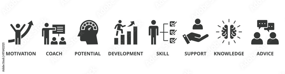 Coaching banner web icon vector illustration concept with icon of motivation, coach, potential, development, skill, support, knowledge, and advice Coaching banner web icon vector illustration concept with icon of motivation, coach, potential, development, skill, support, knowledge, and advice