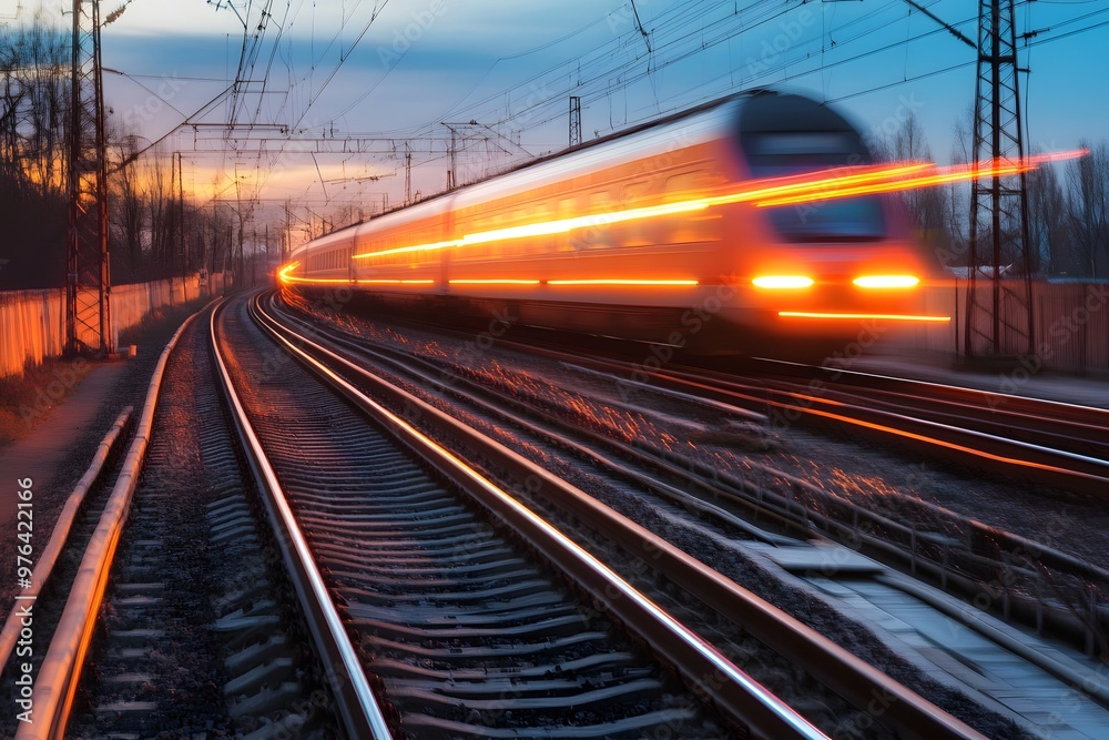 Fototapeta premium High-speed train passing through tracks at sunset near urban environment. Generative AI