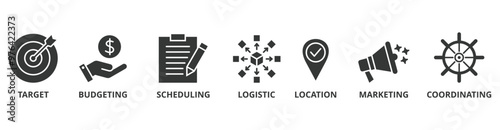 Event management banner web icon vector illustration concept with icon of target, budgeting, scheduling, logistics, location, marketing, and coordination