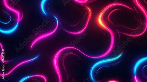 Neon-colored spirals and swirls, glowing vividly on a black background, seamless pattern, electric tones, cyberpunk style.