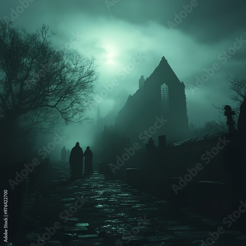 Creepy ritual in a foggy graveyard, spellcasting figures, terror lurking in every shadow photo