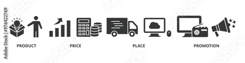 Marketing mix with 4P banner web icon vector illustration concept with icon of product, price, place, and promotion