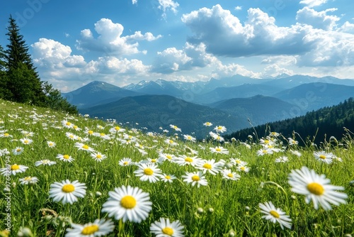 Spring camomile meadow in mountain. Nature landscape scene , ai