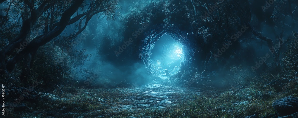 Eerie forest clearing with a glowing magic portal, fearsome creatures watching from the darkness, terrifying atmosphere Eerie forest clearing with a glowing magic portal, fearsome creatures watching from the darkness, terrifying atmosphere