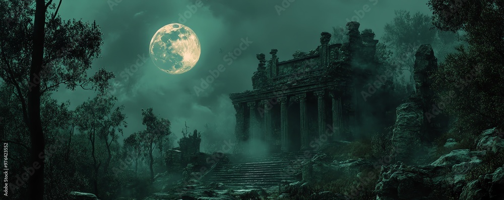 Obraz premium Mysterious, ancient temple hidden deep in the forest, where evil sorcery rituals are performed under the full moon