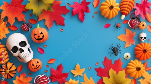 Halloween Autumn Fall  Pumpkin Skull Spiders Leaves Blue Background photo