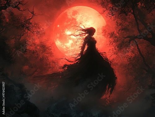 Sorceress in a dark, mysterious forest, performing evil sorcery under a bloodred moon, shadows moving unnaturally photo