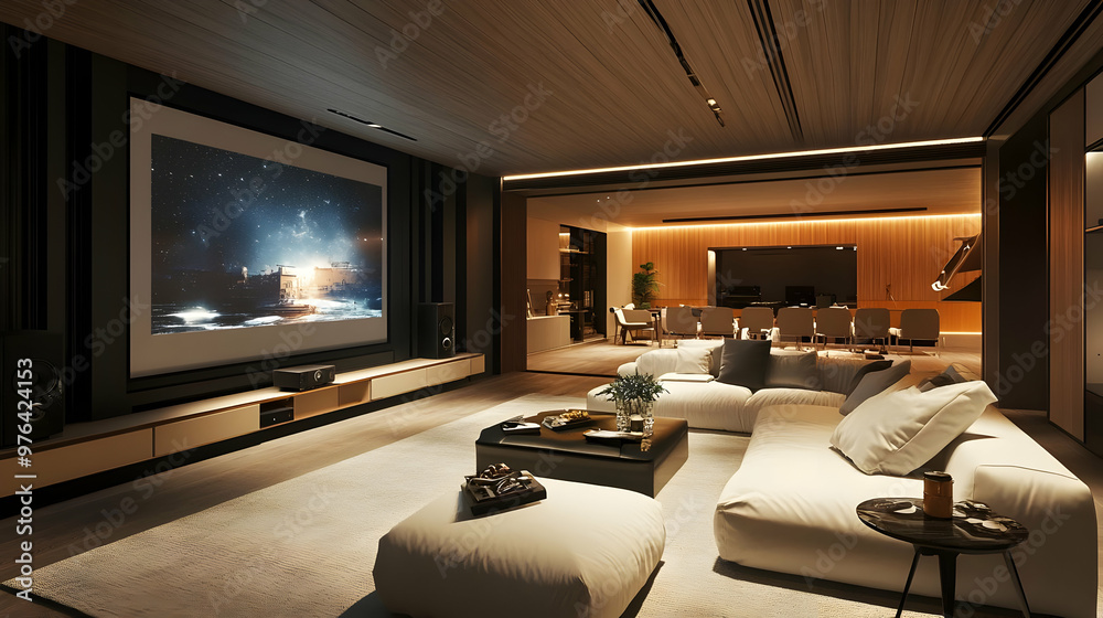 Modern Home Theater Room Design with White Sofa and Projector Screen - 3D Illustration Modern Home Theater Room Design with White Sofa and Projector Screen - 3D Illustration