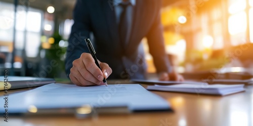 A professional businessman is focused on signing important documents in a sunlit office, signifying productivity, commitment, and the diligent pursuit of office-related tasks.